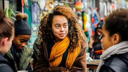 Obraz premium A cheerful young woman enjoying time with friends outdoors, dressed in trendy autumn fashion.