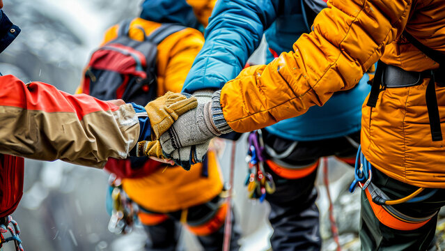 A close-up image of climbers shaking hands, showing teamwork and partnership during a mountain expedition.