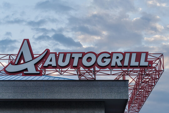 A sign Autogrill above the entrance to a highway restaurant operated by Autogrill SpA on the A10 highway on November 14, 2021 near Genoa, Italy