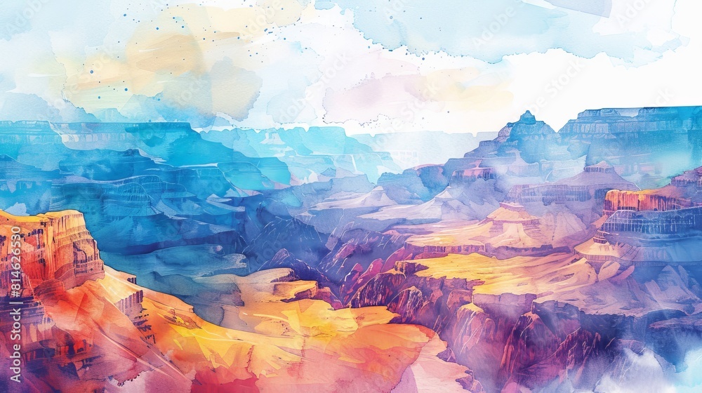 Poster a painting of a mountain range with a blue sky in the background. the mountains are in the distance 