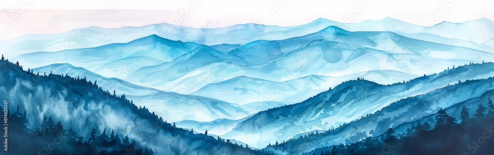 Poster a painting of a mountain range with blue skies and trees. the painting conveys a sense of peace and 