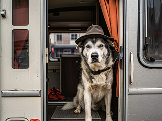 A husky dog in a hat stands near the camper. AI generated.