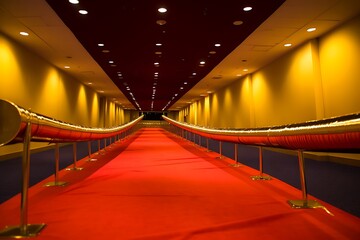 Red carpet with barriers, velvet and ropes in the background