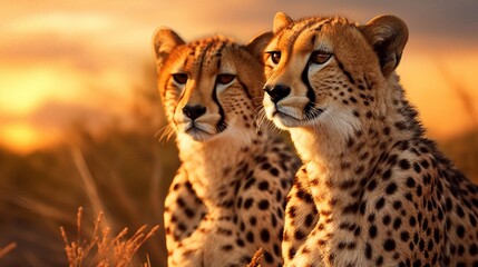 Two cheetahs are standing next to each other in the wild