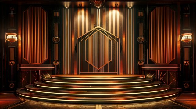 Naklejki An art deco stage featuring a grand golden staircase as its central design element
