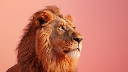 A captivating shot showcasing the strength and grace of a lion against a subtle pink backdrop, with its regal presence and striking features creating a mesmerizing scene in stunning 4K resolution.