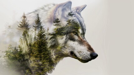 Wolf Profile Merged with Forest Double Exposure