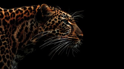 A dynamic image featuring the fierce intensity of a leopard against a rich black background, with its sleek silhouette and piercing eyes creating a dramatic and visually striking 4K wallpaper.