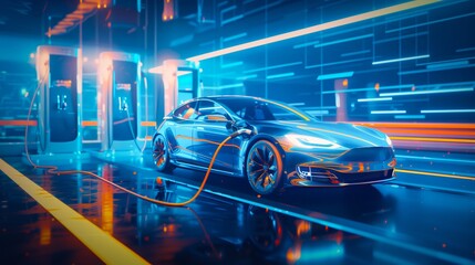 A electric car plugged into a charging station, replenishing its battery for continued use on the road