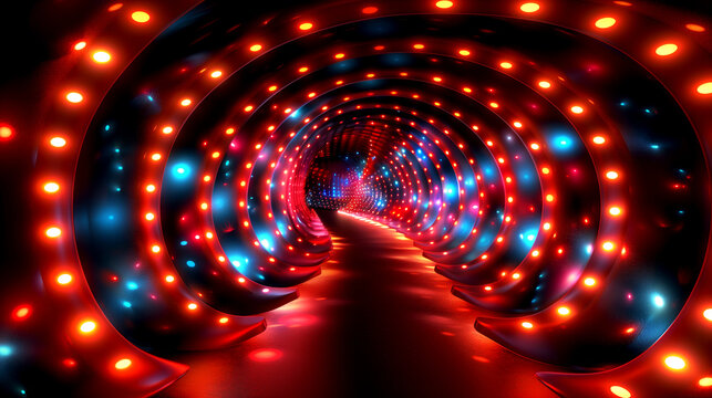 A red and blue tunnel with lights on the walls