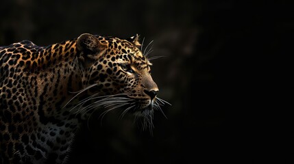 Obraz premium A dynamic image featuring the powerful presence of a leopard against a sleek black background, with its intense gaze and sleek silhouette making it a captivating subject for a 4K wallpaper.