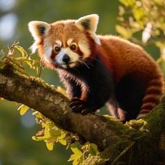 A baby red panda is sitting on a tree branch