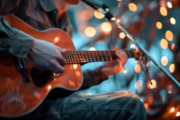 A man standing and playing an acoustic guitar under bright lights