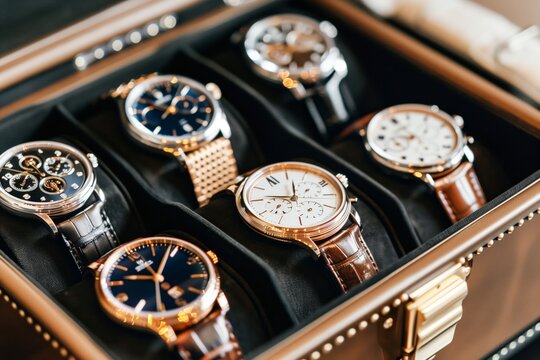 Multiple watches neatly organized in a leather case, showcasing a variety of styles and designs