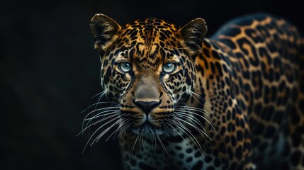 An inspiring image showcasing the mesmerizing pattern and piercing eyes of a leopard against a deep black backdrop, creating a captivating visual experience for a 4K wallpaper.