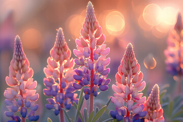 Colorful lupine flowers in sunset light. Beautiful nature background