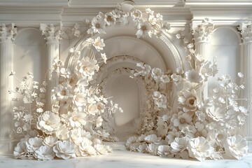 Naklejka premium A white room with a white fireplace and white flowers