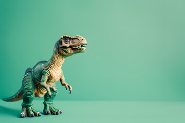 A whimsical photo of a toy dinosaur on a solid green background