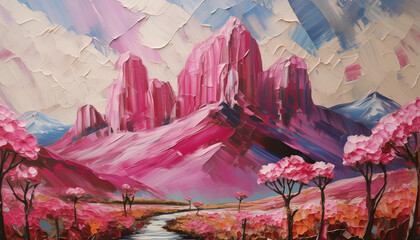 Abstract pink color acrylic painting on canvas. Natural landscape with mountains. Oil painting