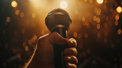 A microphone is being held by a person in a dark room