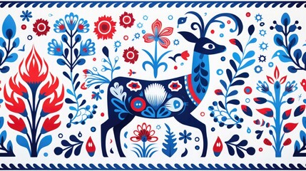 Scandinavian style pattern in red and blue colors with deer and plants