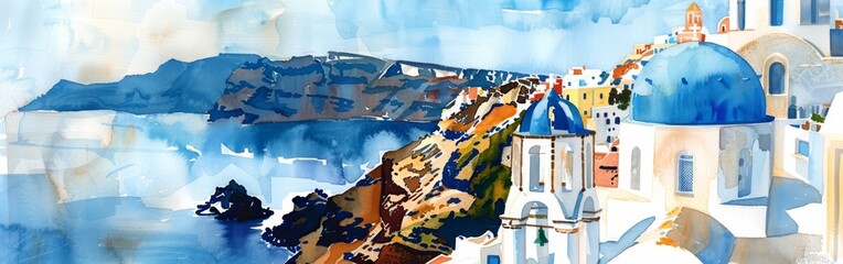 A watercolor painting depicting a traditional blue and white church perched on a cliff. The church stands out against the backdrop of the sky and ocean below.