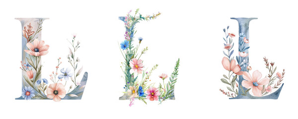 Ai Generated Art Watercolor Set of Multiple Different Pastel Capital L Letters With the Wild Flowers On a White Background