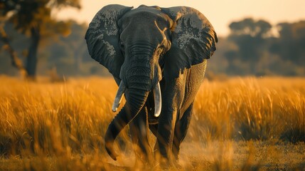 Naklejka premium A majestic African elephant ,its trunk swaying gently in the warm sunshine, creating a breathtaking 8K