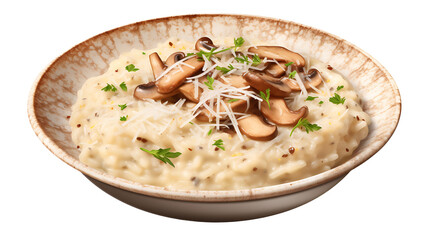 A creamy mushroom risotto with Parmesan shavings and a transparent background.