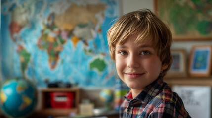 A smiling boy sits in a room against the backdrop of a world map and globe. Elementary school student. The process of learning and education. Studying Geography