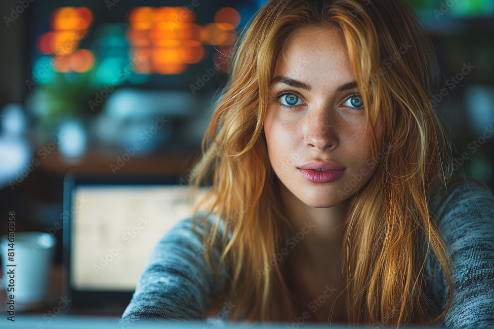 Wall mural A woman with long red hair and blue eyes is sitting in front of a laptop