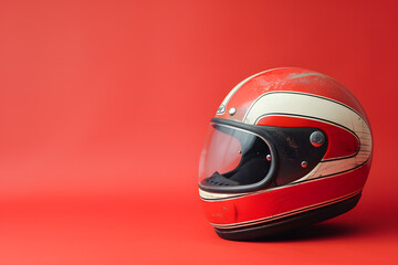 A high-resolution photo of a vintage motorcycle helmet on a solid red background