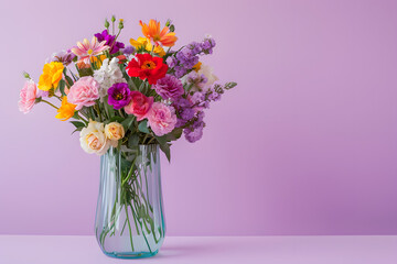 A vibrant photo of a bouquet of mixed flowers in a vase on a solid lavender background