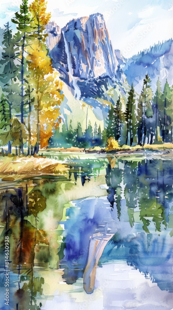 Poster a painting of a mountain range with a lake in the foreground. the trees are green and the water is b