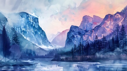 A painting of a mountain range with a river running through it. The mountains are covered in trees and the sky is a mix of blue and pink. The mood of the painting is serene and peaceful - Powered by Adobe
