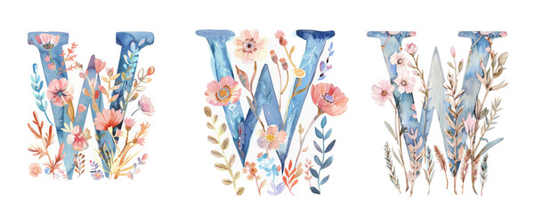 Ai Generated Art Watercolor Set of Multiple Different Pastel Capital W Letters With the Wild Flowers On a White Background