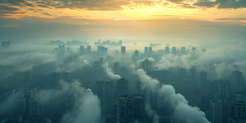 Fototapeta premium The Dawn of Urban Respiration: A Serene Depiction of Morning Fog Over City Skylines When the City Breathes: The Silent Whisper of Dawn Breaking Over Urban Haze
