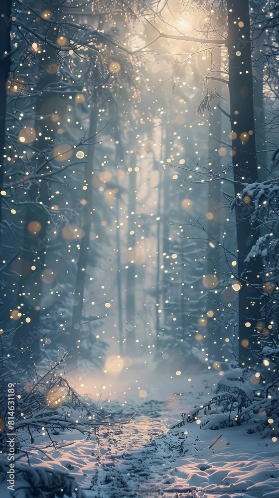 Poster a winter forest covered in snow, illuminated by numerous bright lights. the trees are blanketed in w