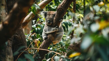 Fototapeta premium A captivating photo highlighting the adorable behavior of a koala bear as it feeds on leaves while resting on a tree branch, offering a charming scene for a high-quality 4K wallpaper. 