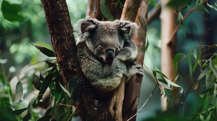 Fototapeta premium An inspiring shot capturing the peacefulness of nature with a koala bear nestled on a tree branch, surrounded by lush green leaves, making it a perfect choice for a calming 4K wallpaper.