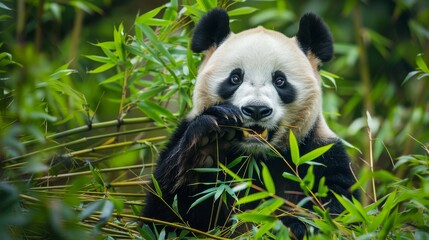 Obraz premium A giant panda bear is seen munching on bamboo in a lush forest setting. The panda appears focused on its meal, surrounded by green foliage.