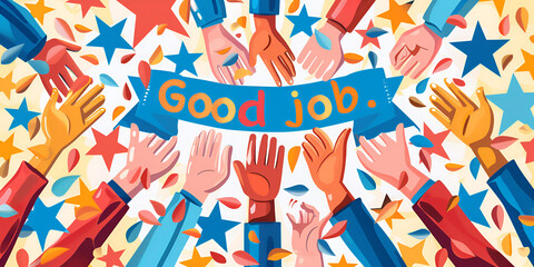 Celebrating Team Success A Vibrant Illustration of Hands Coming Together Under a Banner of Achievement,The Unity of Achievement: Diverse Hands Clap Beneath a 'Good Job' Banner in a Festive Celebration