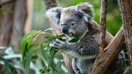 Obraz premium A dynamic image featuring a close-up view of a koala bear enjoying its favorite meal while perched on a tree branch, offering a captivating scene for a 4K wallpaper.