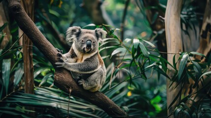 Fototapeta premium An inspiring shot capturing the charm of a koala bear as it sits on a branch, contentedly munching on leaves against the backdrop of lush foliage, making it an ideal choice for a stunning wallpaper.