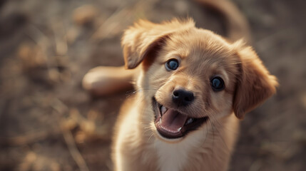 golden retriever puppy staring at the camera. Background image of man's best friend