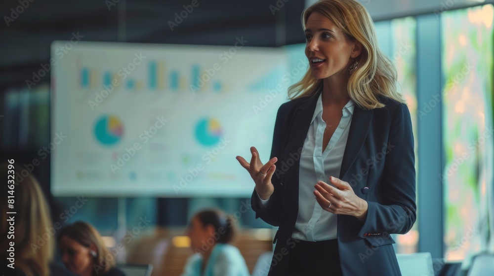 Poster a woman in a business suit is standing in front of a large projection screen, giving a presentation
