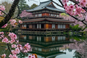 Naklejka premium A traditional Japanese building stands tall with vibrant cherry blossoms blooming in front of it. The pink and white flowers contrast beautifully against the buildings architecture.