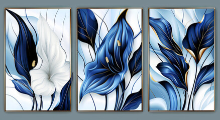 Set of three vertical posters with abstract blue flowers