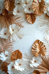 A beautiful image of flowers and leaves with a gold and white color scheme