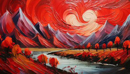 Abstract red color acrylic painting on canvas. Natural landscape, mountains and river. Oil painting